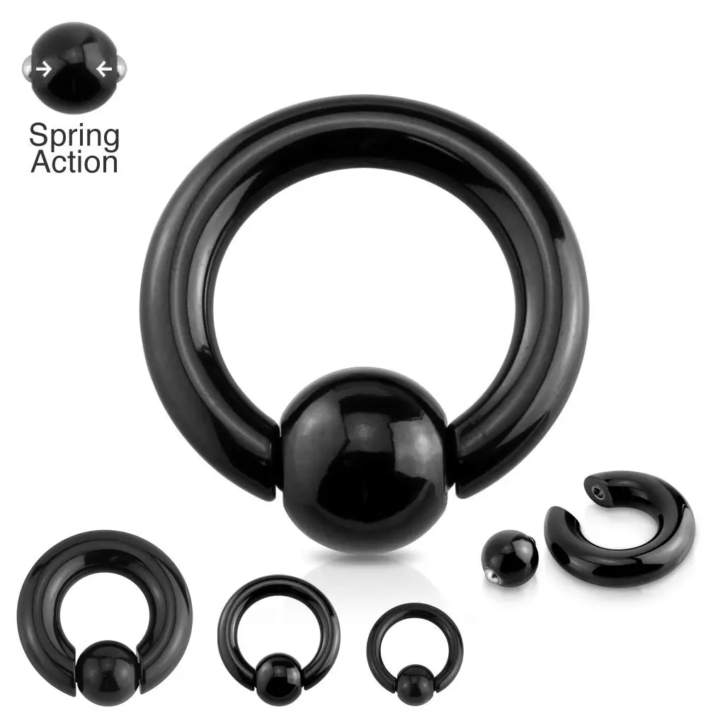 Fifth Cue Black IP Spring Action Captive Bead Ring Surgical Steel Easy Open Variety of Gauges