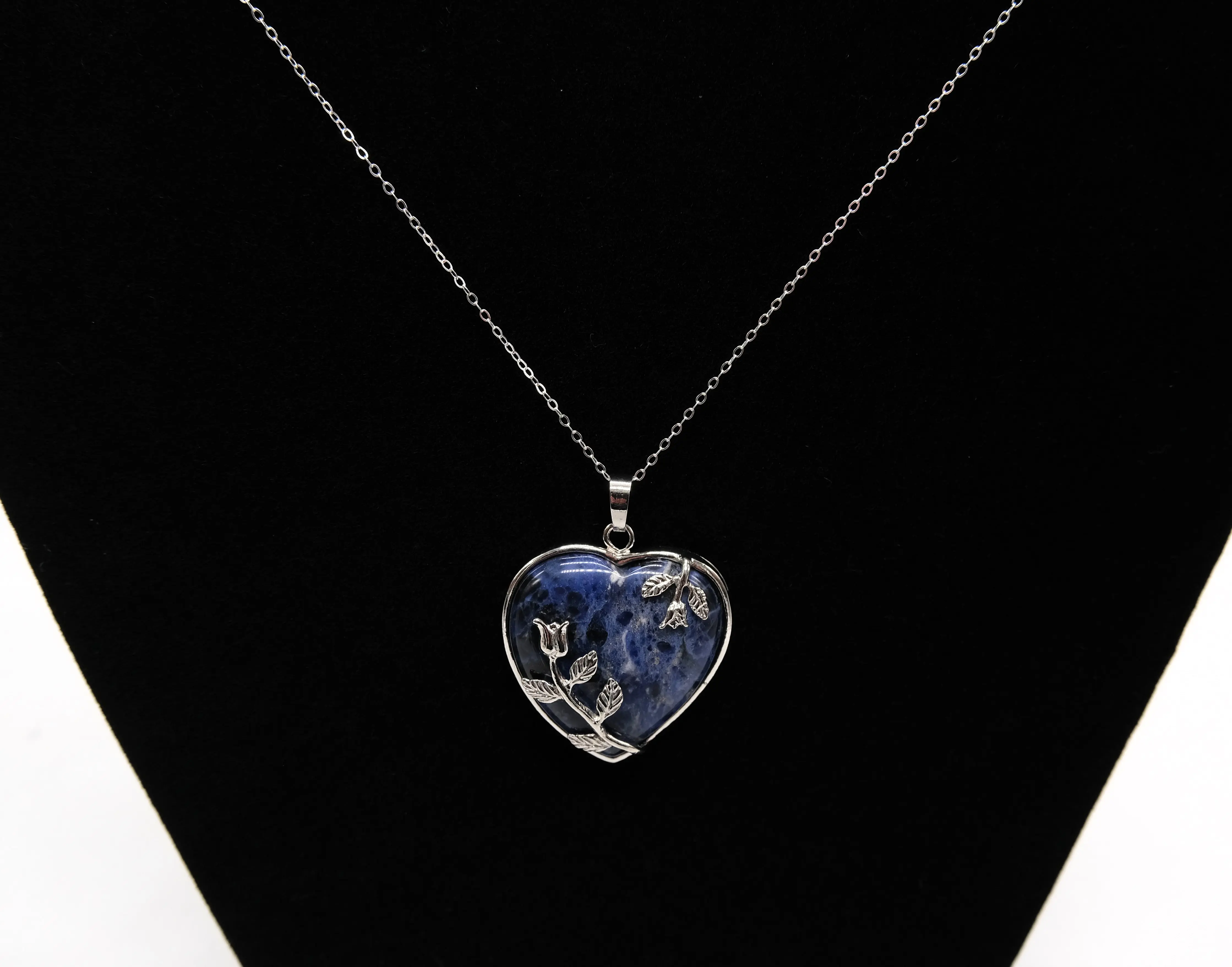 Sodalite Crystal Heart Necklace - Natural Polished Sodalite for Communication, Reiki Charged