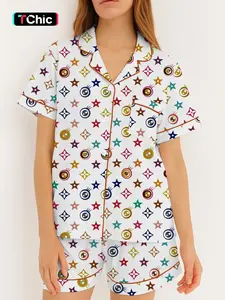 Women's Comfortable Short Sleeve Pajama Set with Fitted Shirt and Shorts, Animal and Geometric Patterns for All Seasons, Versatile Home Wear