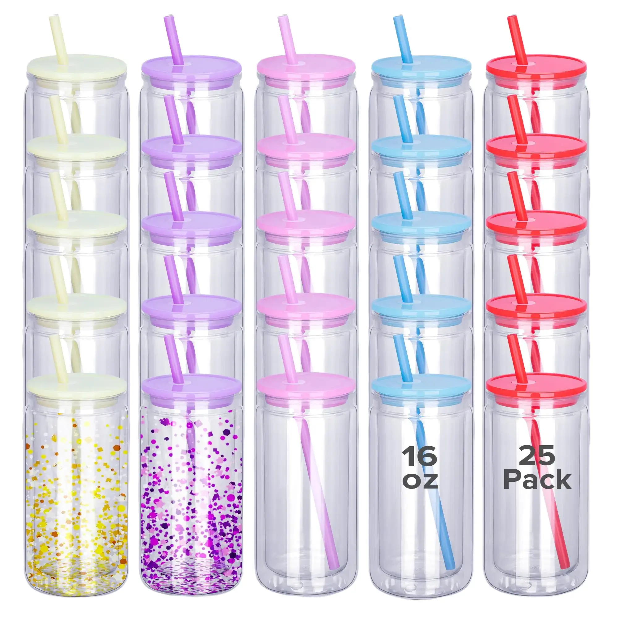 FASTSUB Snow Globe Tumbler Cup Set, 25-Pack 16 oz Double Wall Acrylic, Reusable Portable Water Bottle with Lid for UV DTF DIY Projects