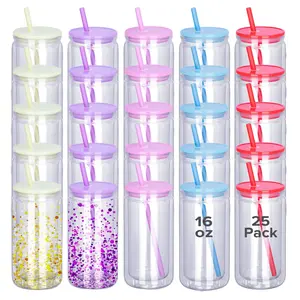 FASTSUB Snow Globe Tumbler Cup Set, 25-Pack 16 oz Double Wall Acrylic, Reusable Portable Water Bottle with Lid for UV DTF DIY Projects