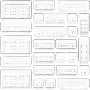 25 PCS Clear Plastic Drawer Organizers Set, 4-Size Versatile Bathroom and Vanity Drawer Organizer Trays, Storage Bins for Makeup, Bedroom, Gadgets Utensils and Office