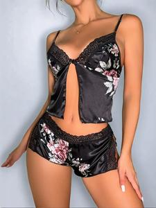 two-piece set women's floral print contrast lace pajama set, regular fit elegance sexy style backless camisole  top & split thigh shorts, lady lounge co-ord set for summer, womenswear, sleep sets