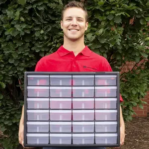 10124 24-Drawer Plastic Drawer Storage Cabinet for Garage Organization, Bead Organizer, Lego Storage, Teacher Toolbox, Makeup Organizer, and More, 20-Inch W x 6-Inch D x 16-Inch H, Black Multicolor Red