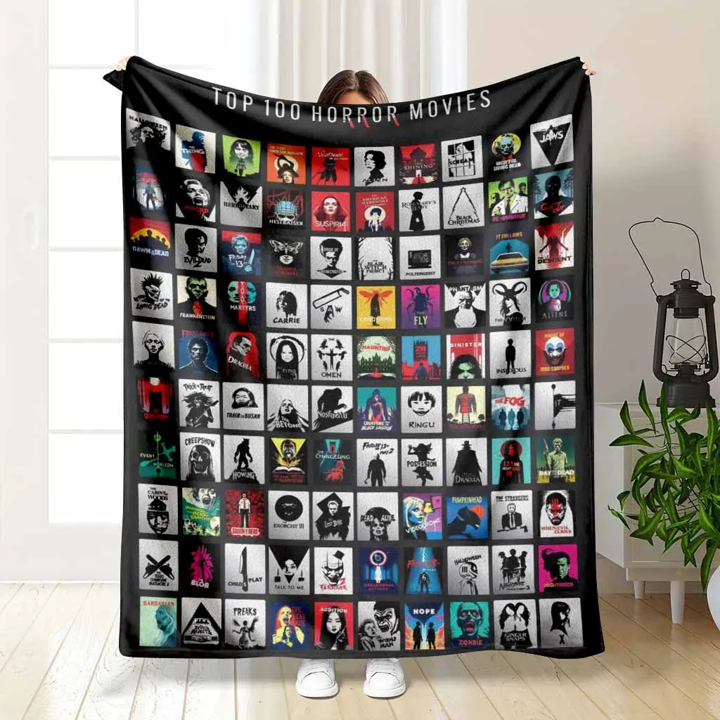 Retro Movie Poster Collage Flannel Blanket Classic Cinema Icon Print Soft Warm Lightweight Cozy Throw for Sofa Bedroom Dorm Home Theater Halloween Party Gift for Film Fans