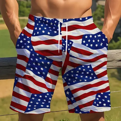American Flag & Eagle Pattern Men's Beach Shorts, Casual Drawstring Waist Swim Shorts, Quick-Dry Summer Shorts, Fashion All-Over Print Swim Trunks, Printed Swim Bottoms, Comfy Swim Shorts, Graphic Swim Trunks, Shorts Swimwear