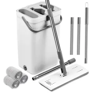 Flat Mop and Bucket System, Separates Dirty and Clean Water，Hands-Free Floor Mop and Bucket with Wringer Set for Home, Include 3 Reusable Microfiber Mop Pads, Home Cleaning for All Floor Types and Windows