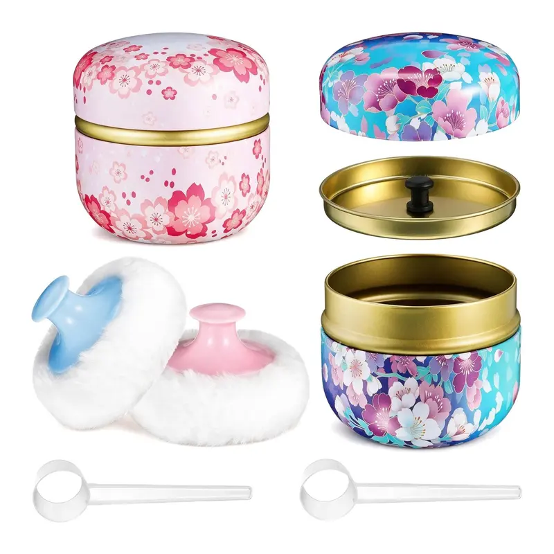2 Set Body Powder Puff and Container,Including 2 Soft Puffs 2 Spoon and 2 Dusting Loose Powder Container for Youth Women Home and Travel Use,Halloween Christmas Party Gifts,Hand Tools Kits
