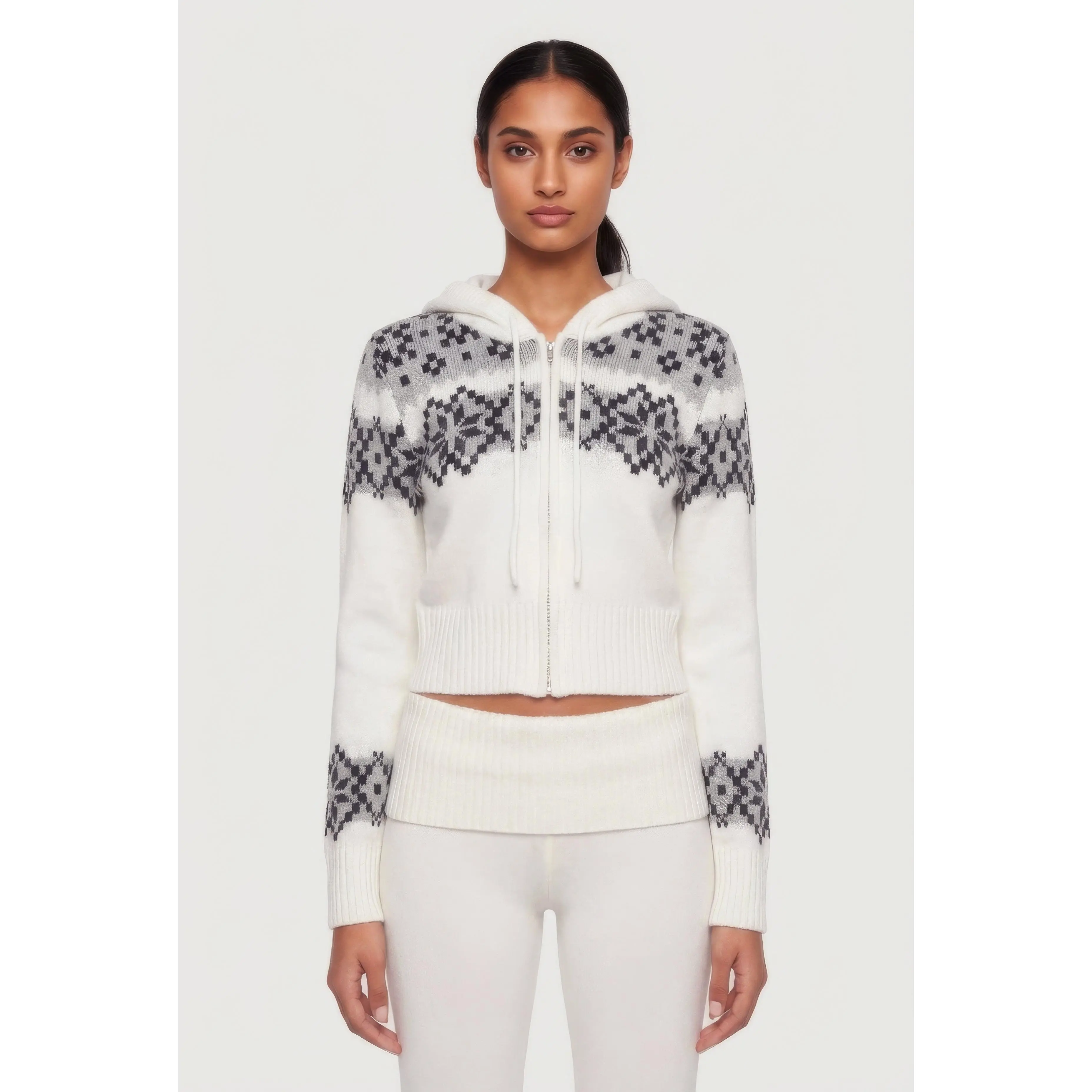 Almost Famous Fair Isle Zip Front Cropped Hooded Sweater