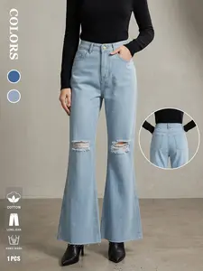 Women's Knee-Hole Design Micro Flare Elastic Denim Jeans, Slimming and Tall, European and American Fashion, Casual Daily Wear