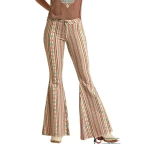 Women's Ethnic Cute Rock&Roll Rose-Mauve Stripe Aztec Bell Bottom Jeans, Womenswear Pants with Buttons RRWD7PR0RY