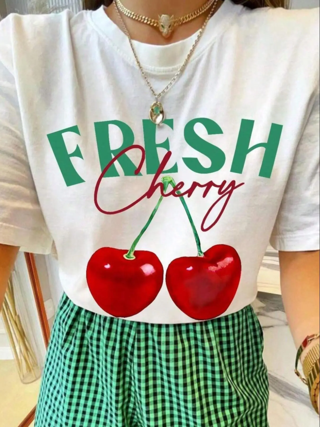 Women's Cherry Print Round Neck Tee, Casual Short Sleeve Crew Neck T-Shirt for Summer, Fashion Women's Top for Daily Wear