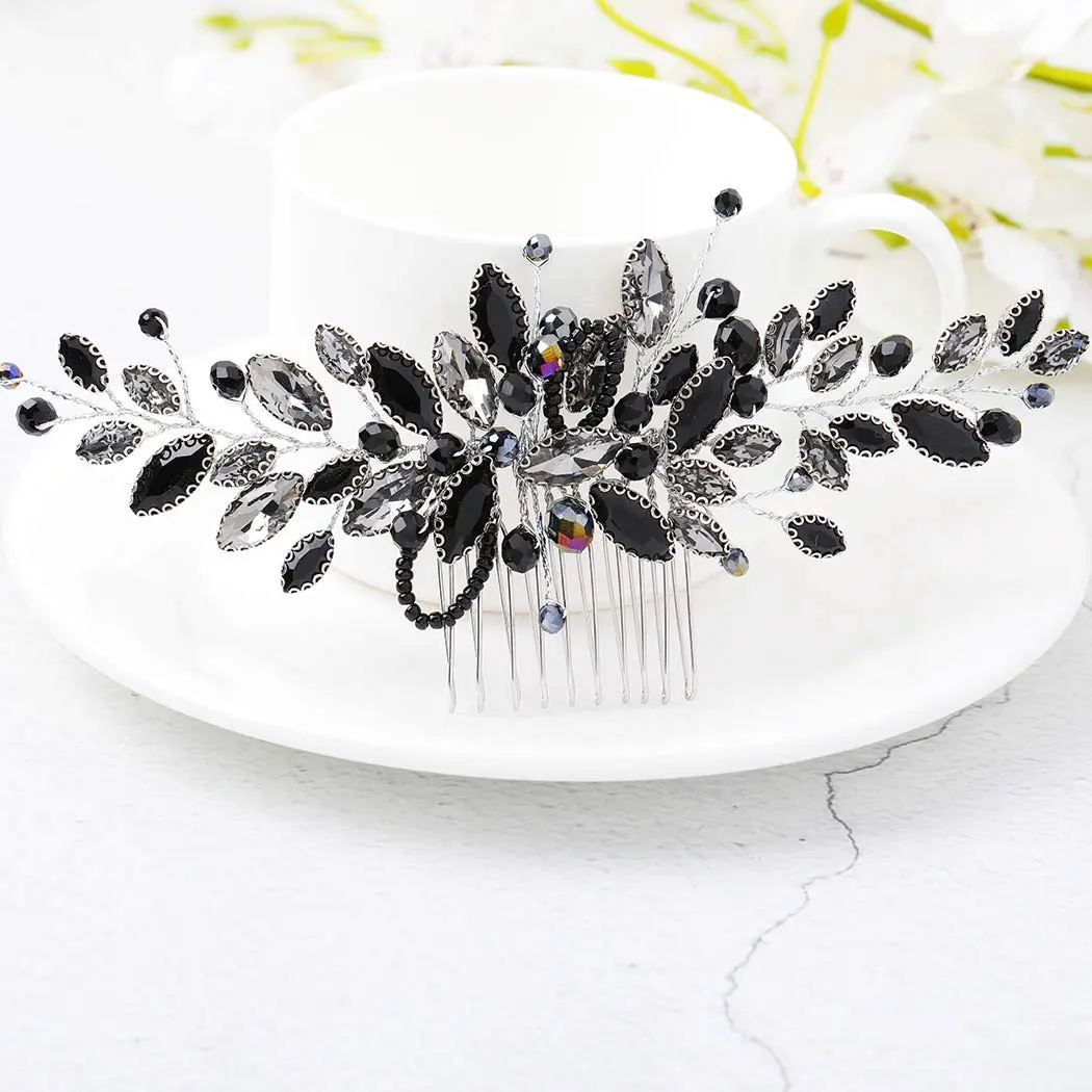 Bride Wedding Hair Combs Black Delicate Opal  Bridal Headpieces Hair Accessories for Women and Girls (Black)