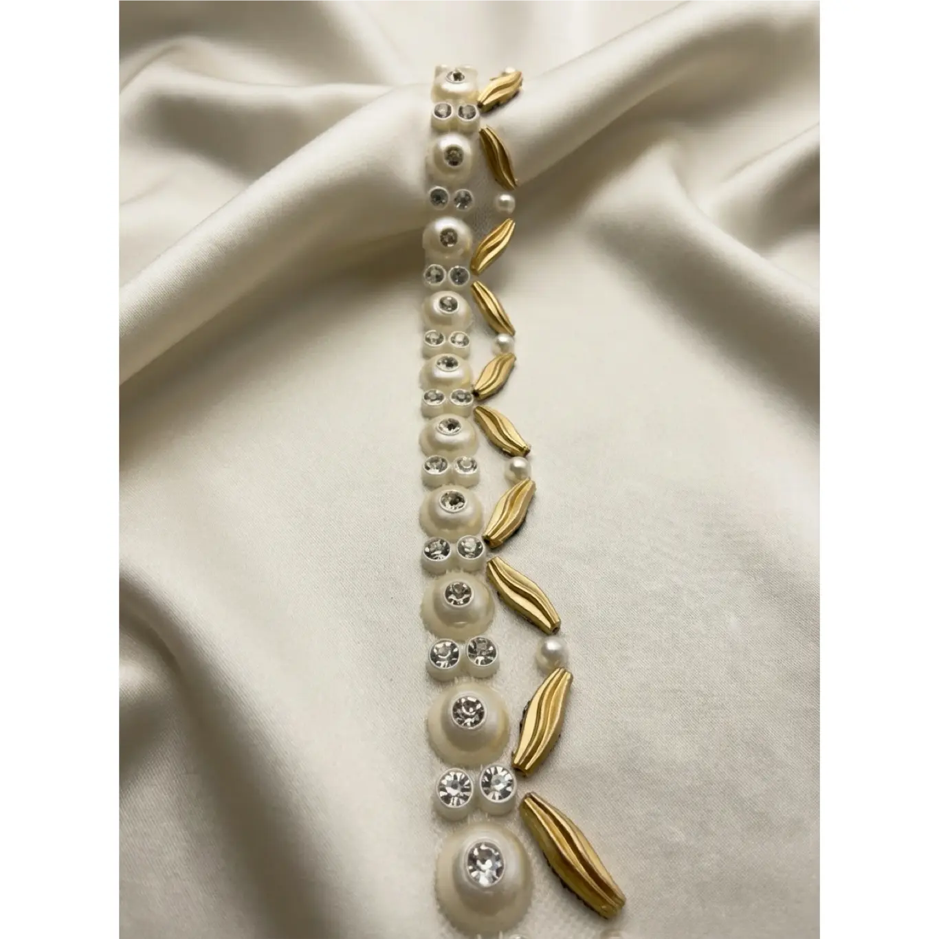 Matte Gold & Ivory Pearl Rhinestone Trim – Self Adhesive or Extra Fabric Seam Allowance –  Beaded Trim for Dress, Collar -Made In USA