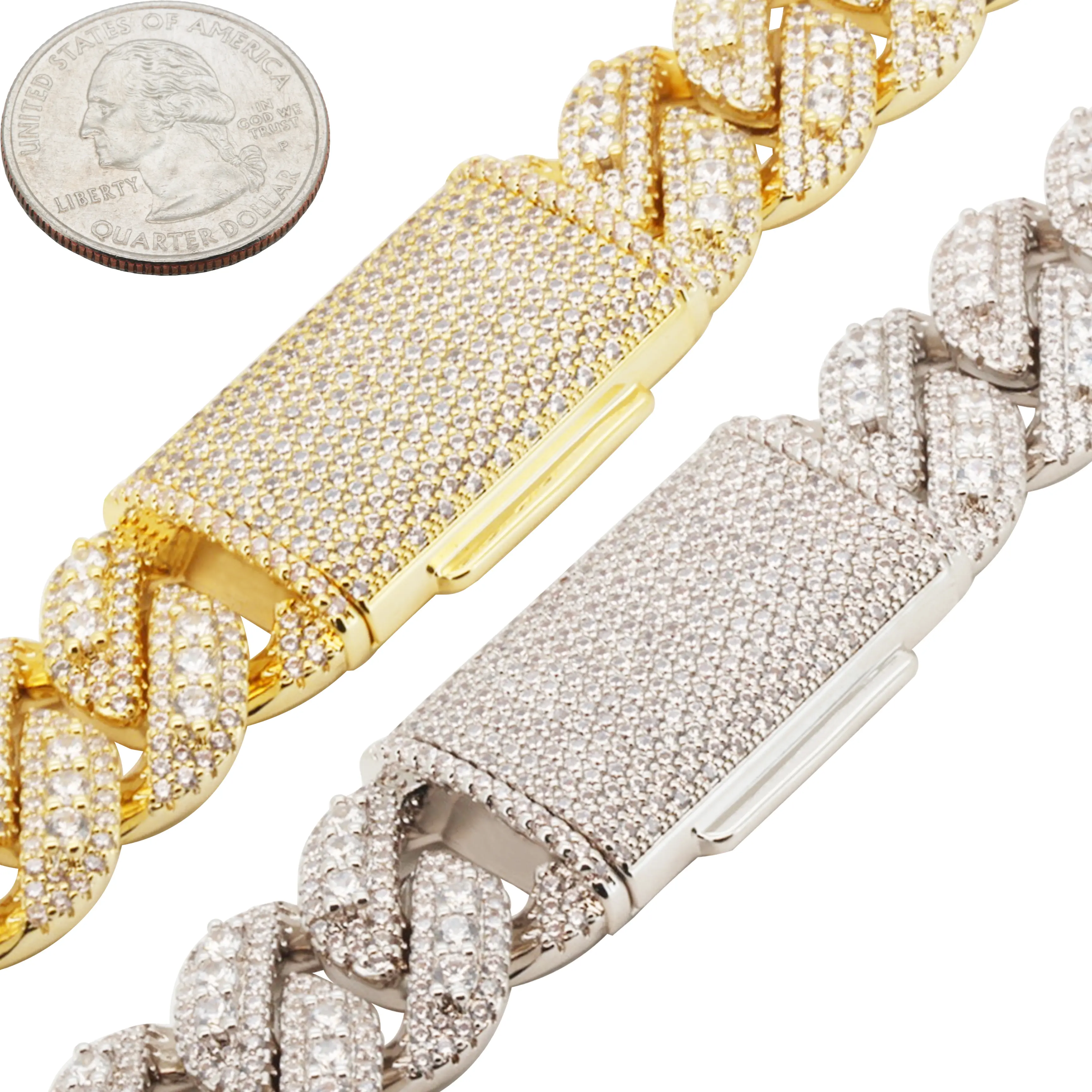14k Yellow/White Gold Plated AAA Cubic Zirconia 20mm Cuban Link Chain Necklace Bracelet 8.5”-24”