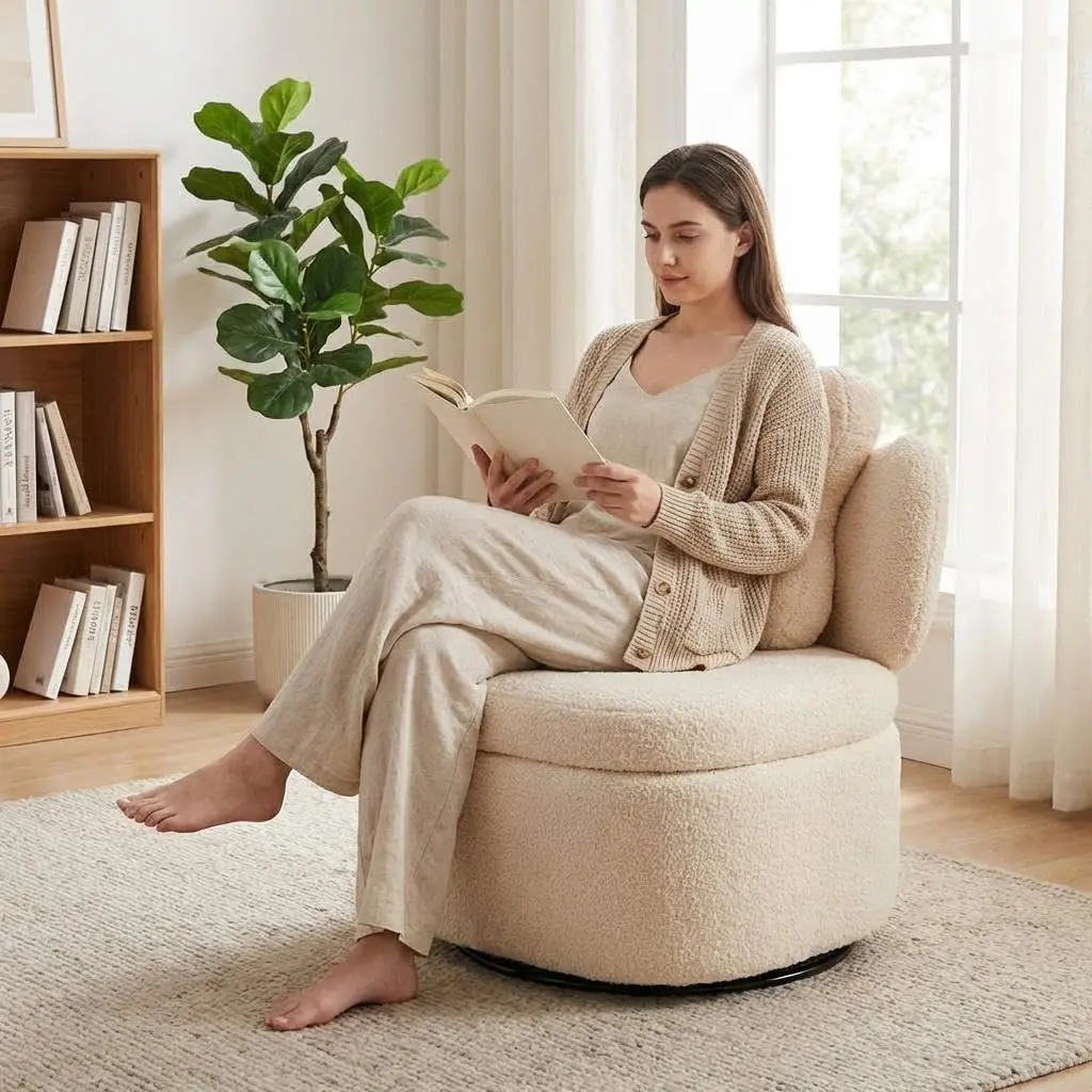 Garvee Camel Indoor Furniture Chair - 360° Rotating Metal Base Teddy Boucle Upholstered High-Density Foam Cushioning Barrel Chair, Any-Angle Design Indoor Lounger for Living Room Bedroom, Indoor Furniture Chairs