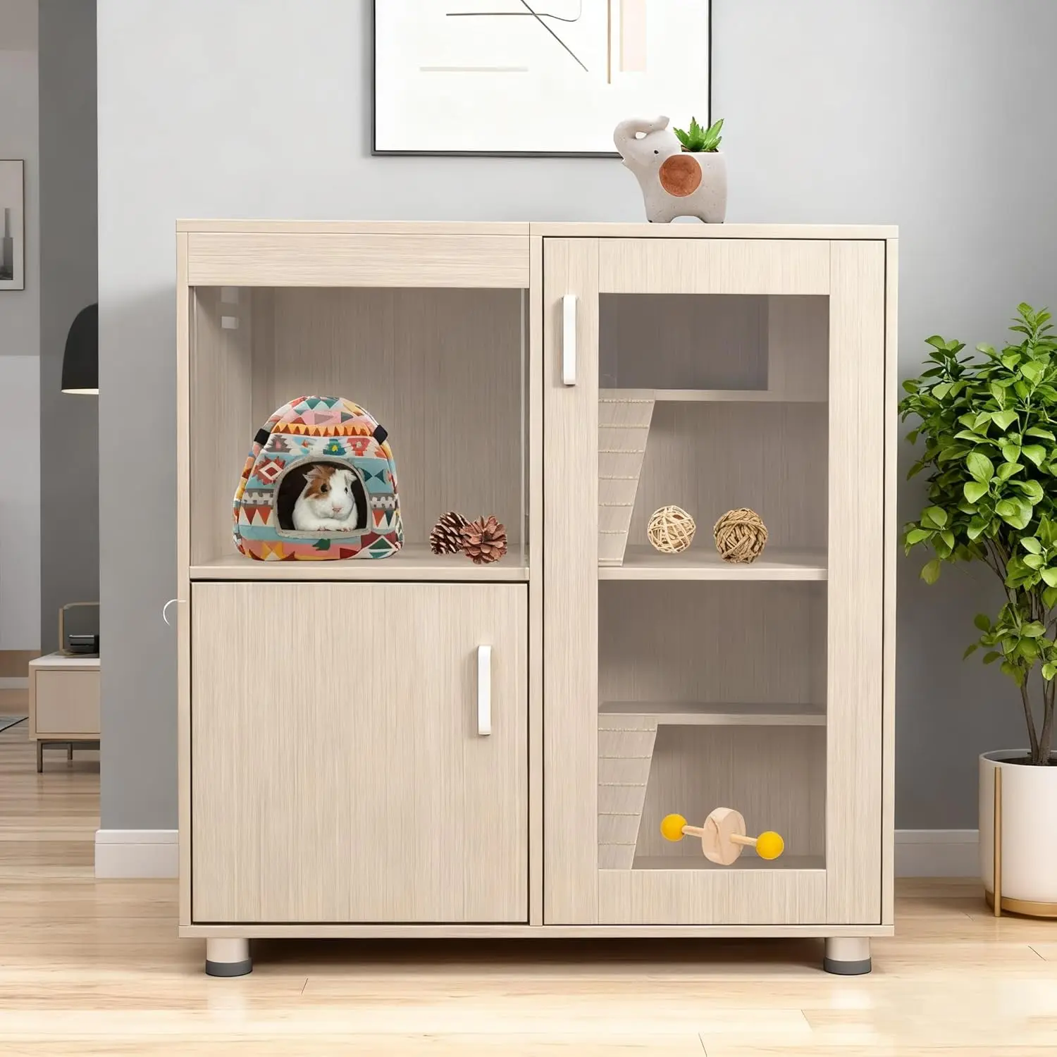 Guinea Pig Cages with Storage Cabinet, Wood Large Hamster Habitat,Hedgehog Cage with Acrylic Sheets and Openable Top,Small Animal Cage for Hedgehog Mouse Gerbil (Wood, 33.5 inch)