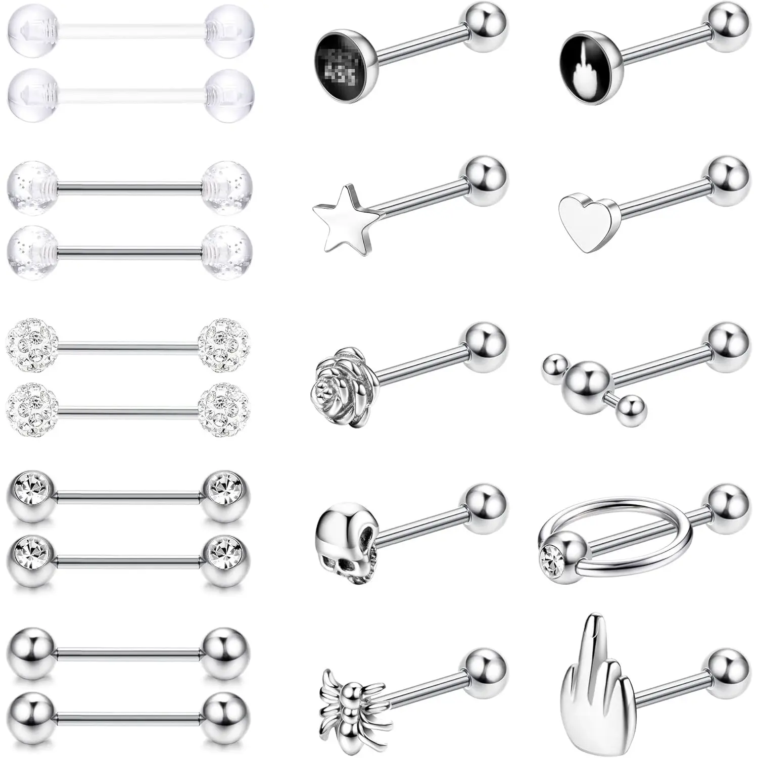 Milacolato Women's 20-Pcs 14G Non-Tarnish Lightweight Wearable Body Jewelry Set, 16mm Surgical Steel Straight Barbell for Tongue & Nipple Piercing, Silver/Black, Wearable Jewelry, Non Tarnish Jewelry