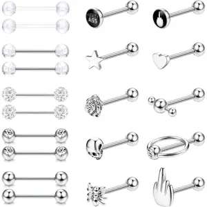 MILACOLATO 20 Pcs 14G Tongue Bars for Women Men Surgical Steel Nipple Bars Tongue Bar Piercing Set Silver/Black Straight Barbell Piercing Jewellery 16mm