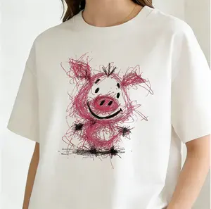 Women'S Hand-Painted Pink Pig T-Shirt- Soft Casual Round Neck Short Sleeve T-Shirt With Cute Pig Face And Pig Tail Bow Pattern, Pink And White Full Body Art Print,Women Summer Top