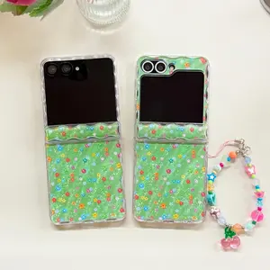 New Fresh Floral Pattern Green Case with Cherry Bracelet Chain Magnetic Axis for Samsung Galaxy Z Flip7 Zflip6 ZFlip5 Back Cover