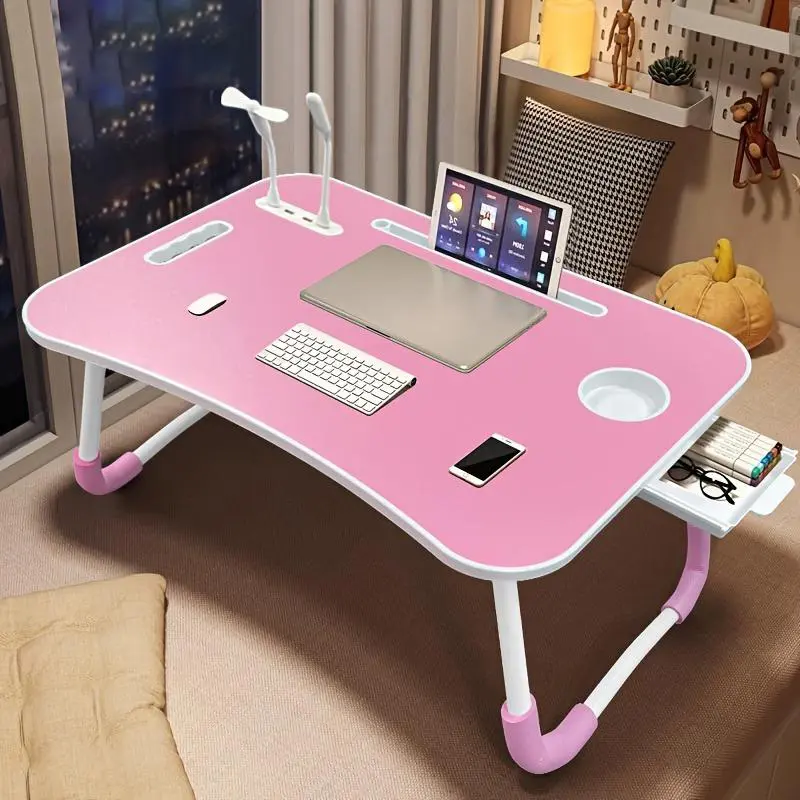 Folding Laptop Desk - Stylish Sturdy Metal Legs Foldable Computer Stand with Comfortable Surface, Anti-Slip Feet, Built-in Cup Holder, Organizer Drawer, USB Hub, Quiet Fan, Adjustable Light, Adjustable Height, Portable for Bedroom Home Office, Kids Use, F