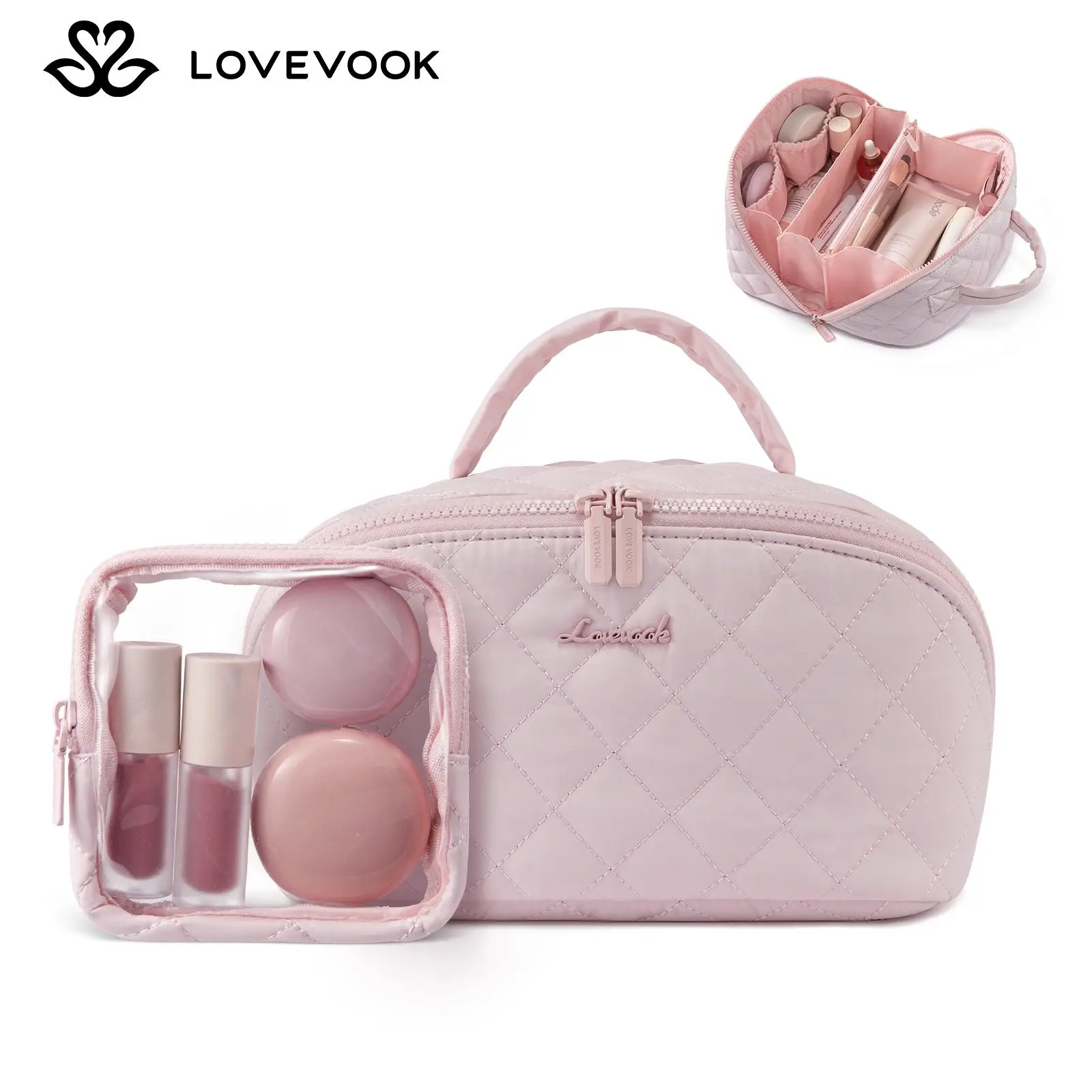 LOVEVOOK Travel Makeup Bag for Woman, 180° Lay-Flat Puffer Quilted Cosmetic Organizer, Portable Waterproof Toiletry Bag for Woman, Slanted Opening Ma