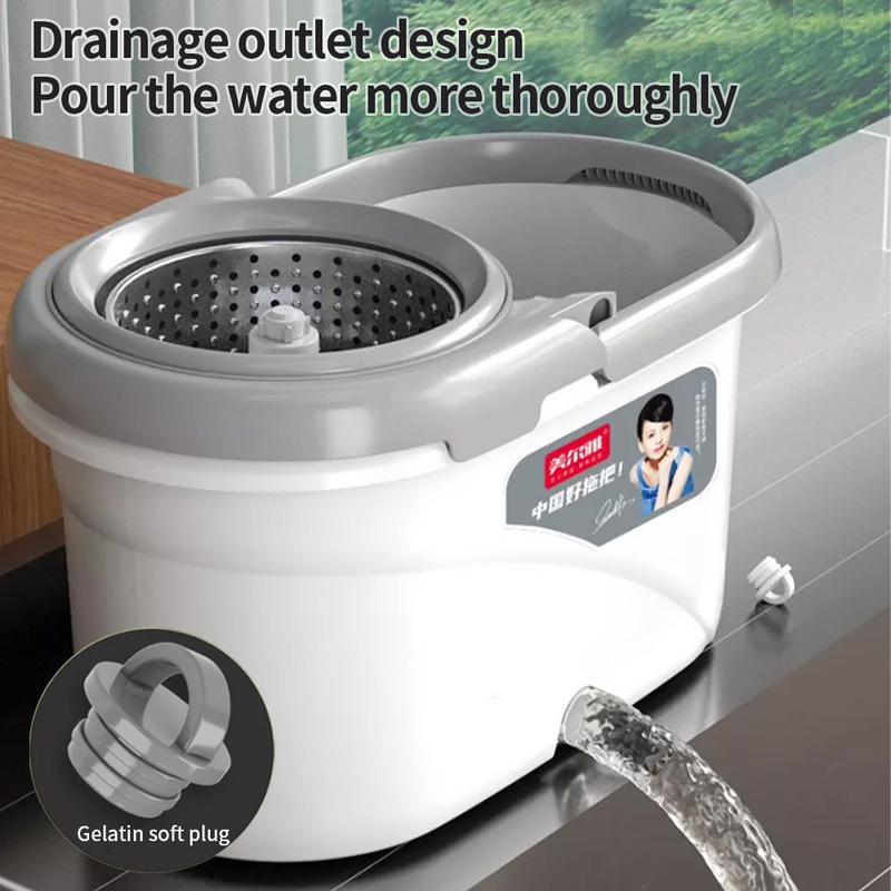 A 360° spin mop bucket set, equipped with 2 microfiber replacement heads, mop bucket, stainless steel adjustable handle, household cleaning tool, suitable for various floor cleaning tasks. Wipes