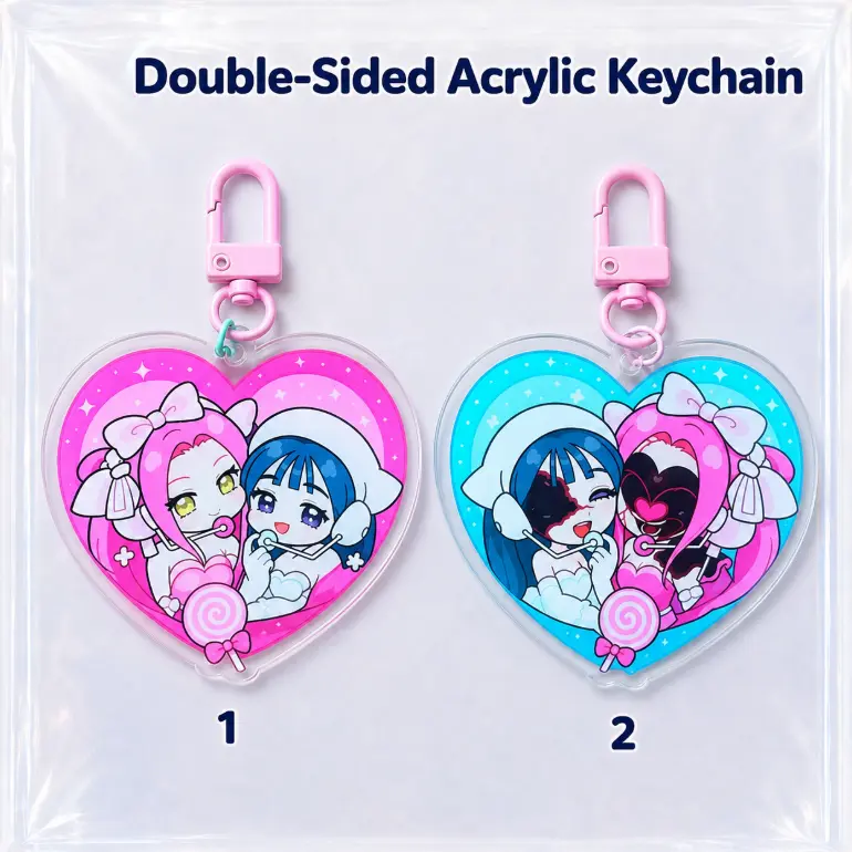 Alien Stage Mizi & Sua Acrylic Heart Keychain, Double-Sided Anime Fan Art Charm, Cute Pink Blue Couple Bag Accessory Gift