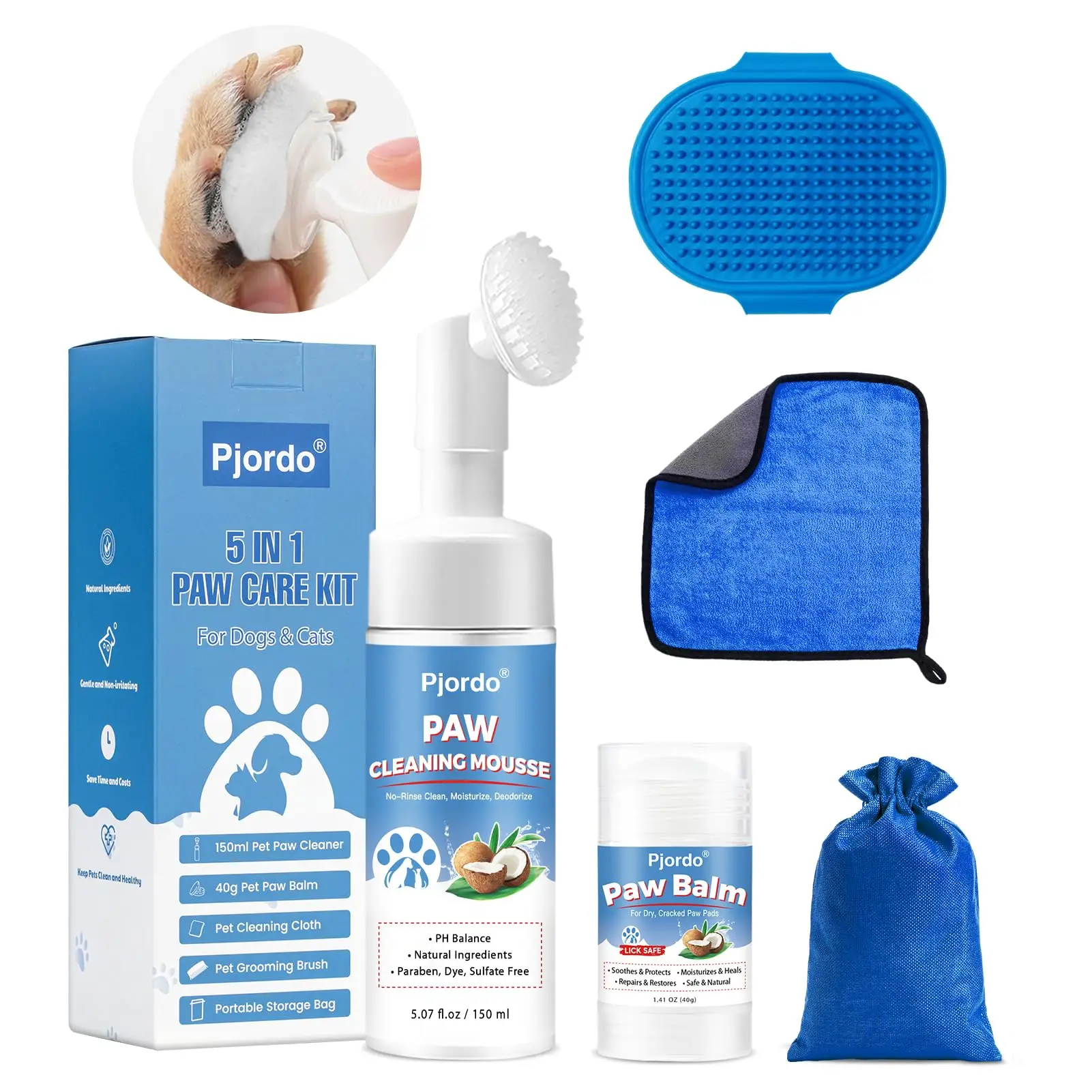 Dog Paw Cleaner Kit - No Rinse Foaming Cleanser for Dogs and Cats, Balm for Dry Cracked Paws & Nose, Pet Foot Washer for All Breeds
