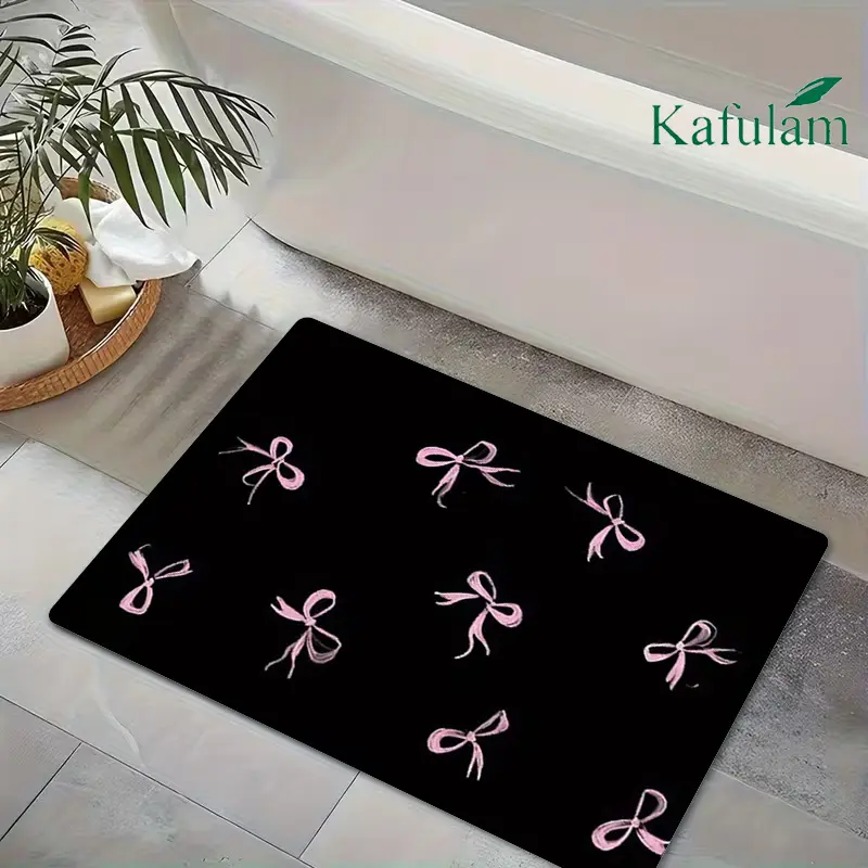 1pc Black Flannel Bath Mat with Pink Bow Pattern, Soft Comfortable, Machine Washable, 15.75*23.62 Inches, Ideal for Bathroom, Bedroom Decor (Spring & Summer Use)