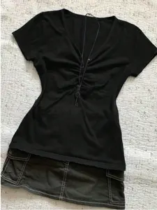 Women's V Neck Spring Summer Short Sleeve Top, Casual Slim Fit French Vintage Y2K Sexy Elegant Party T-Shirt