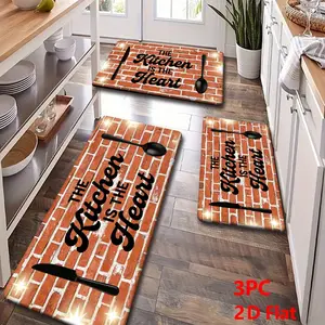 2/3pcs Soft Flannel Kitchen Mat Set, Brick Wall & Cookware Design, Non-Slip Bottom, Absorbent, Industrial Rustic Decor, Washable Kitchen Rugs