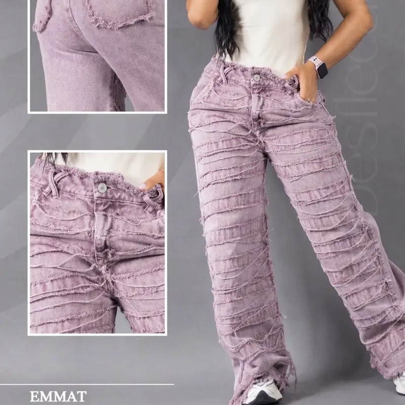 EMMAT Wide Leg Jean Colombia for Womenswear - Trendy Purple Denim Pants with Ruched Design