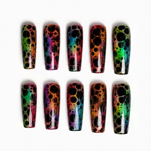 Colorful Bubble Aura Press On Nails Rainbow Jelly Nails Y2K Nails Handmade Coffin Nails Neon Chrome Nails Festival Nails Rave Nails Bold Statement Reusable Fake Nails