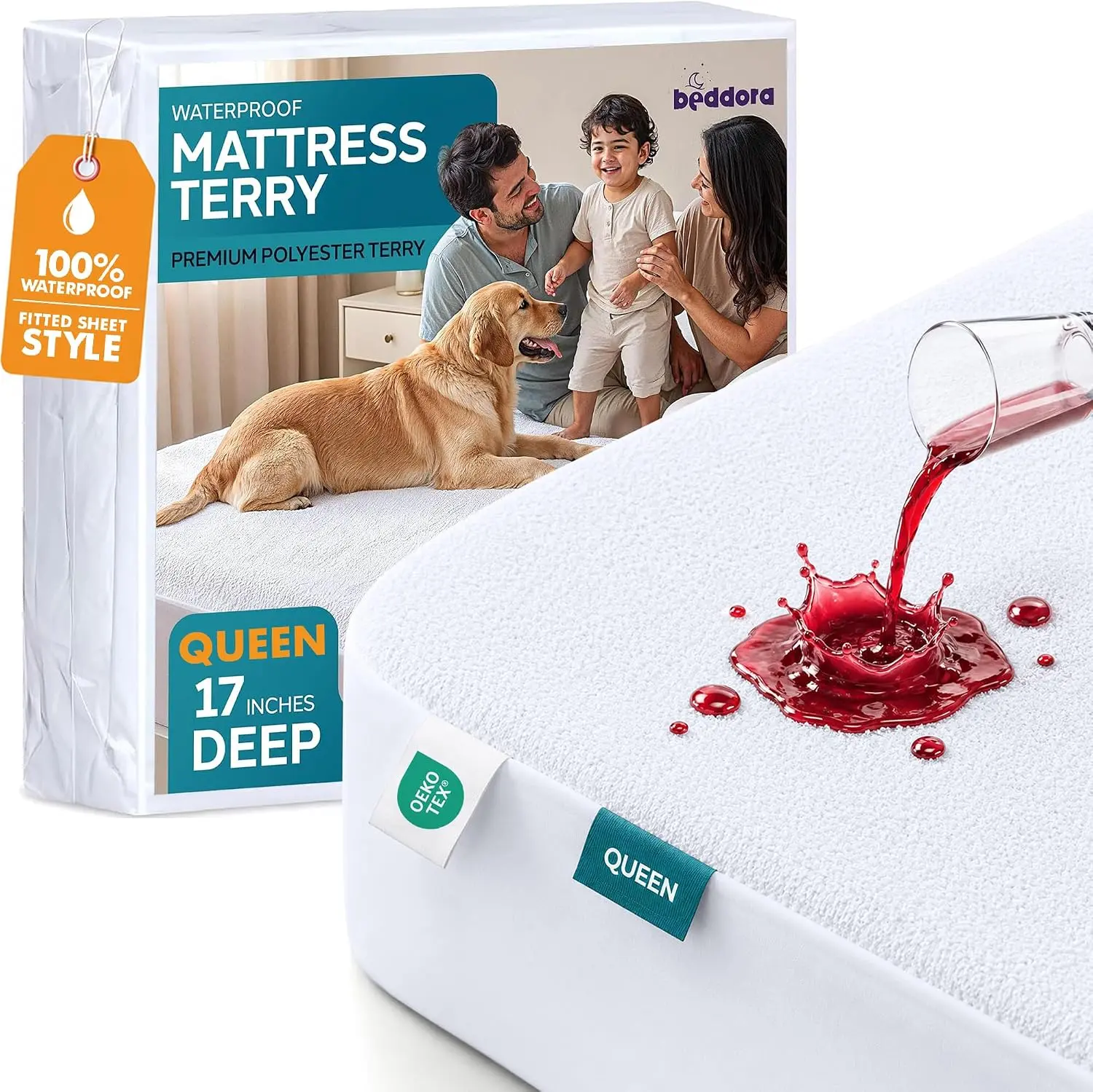 Beddora 100% Waterproof Cooling Mattress Protector Queen Size, Premium Terry Mattress Cover 200 GSM, Soft & Breathable Bed Cover, Fitted Style with Stretchable Pockets (White)