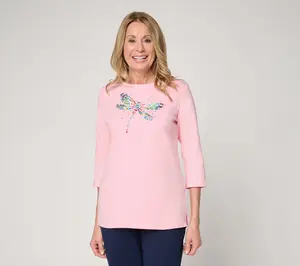 Quacker Factory Dragonfly Wishes Embroidered 3/4 Sleeve Top