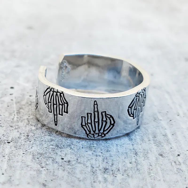 Skeleton Middle Finger Parade Halloween Wide Band Ring