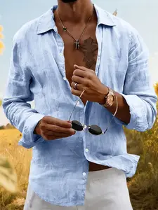 Men's Linen Blend Button Shirt, Summer Casual Long Sleeve Vacation Top, Fitted Plain Style, Spring & Fall Fashion, Casual Button Front