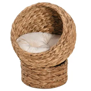 Wicker Elevated Cat Bed with Soft Cushion Brown Cat Egg Chair Shape Indoor