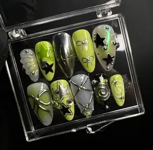 Free Style Green & Silver 3D Gel Handmade Press On Nails, Custom Made False Nails for Holiday, Vacation, Birthday, Prom Nails. Gift for Her