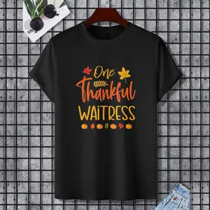 One Thankful Waitress Thanksgiving T-Shirt, 100% Cotton, Single Side Printed, Black Short Sleeve T-shirt, Gift for Family Friends, S-XXXL, 1 pc, Fabric Weight 180g