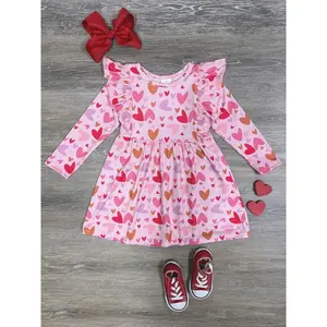 Hearts Aflutter Ruffle Trim Girls Toddler Long Sleeve Valentine's Day Heart Dress Pink Cotton Blend