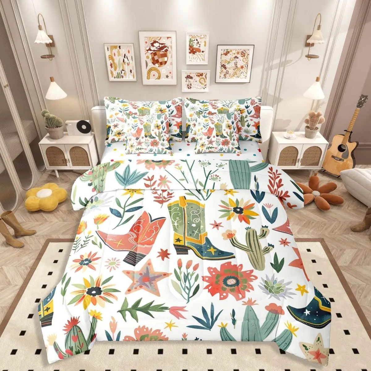7-Piece Cowgirl Boots Bedding Set for Kids Girls Teens | Boho Floral Quilt Set,Bed in A Bag Retro Vintage Western Comforter Set with Sheets Mid Century Botanical Bed Sets