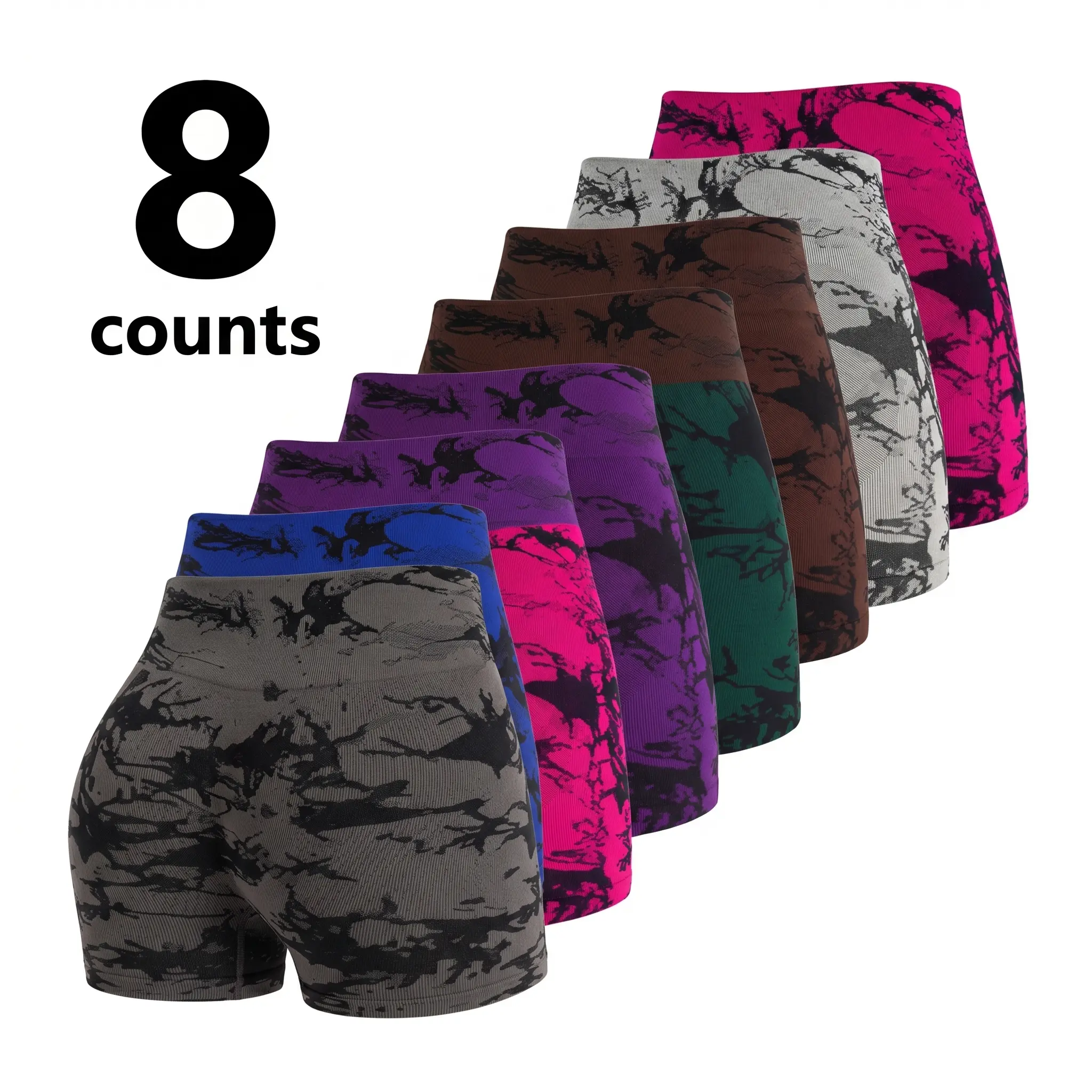 Women's 8-Pack High-Waisted Seamless Athletic Shorts - Booty Lift, Tummy Control, Ruched Detail, Quick Dry Tie-Dye, Compression Stretch Biker Shorts, Workout Impact Activewear for Women, Compression Stretch Shorts
