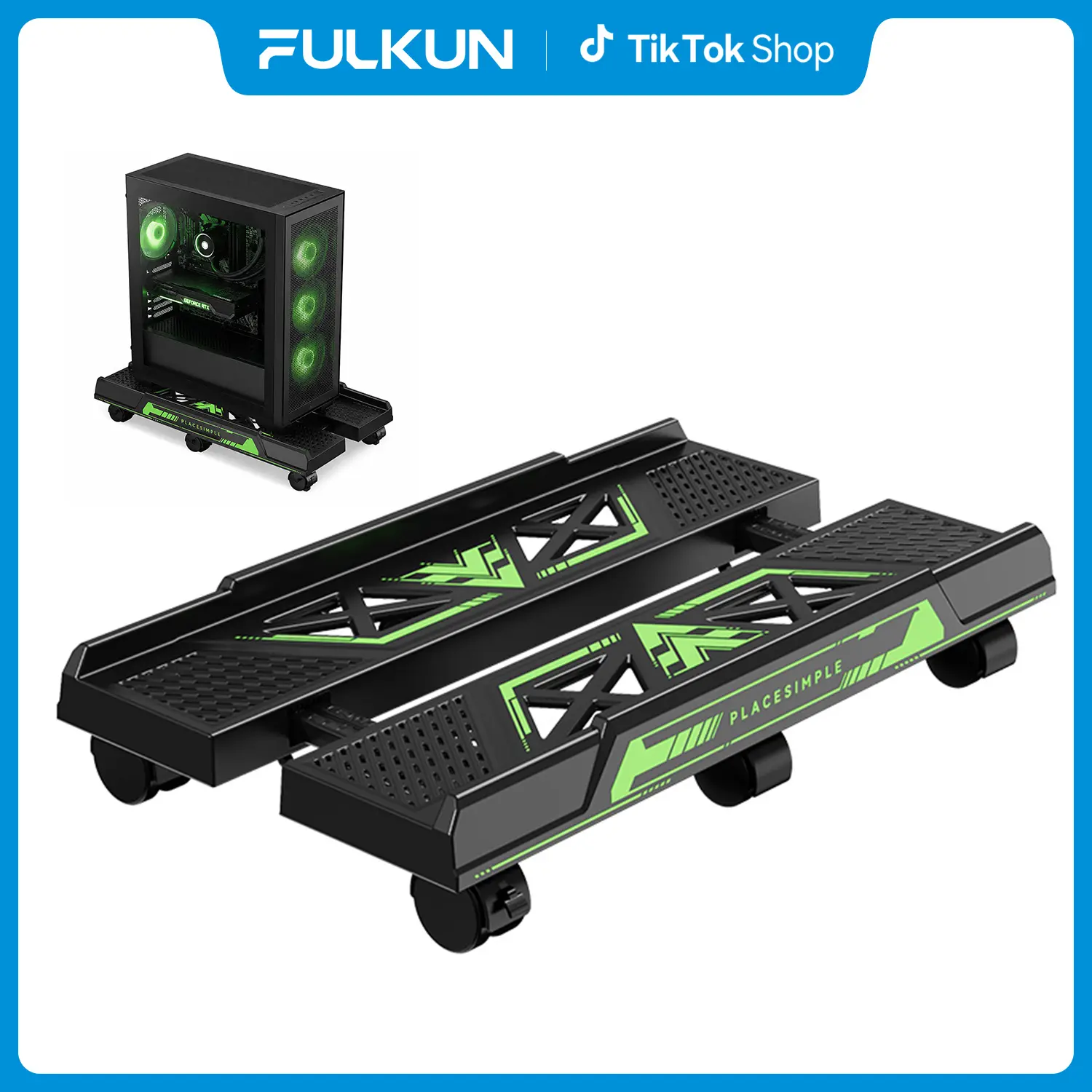 FULKUN PC Stand with 6 Wheels, Adjustable Computer Tower Stand for Floor, Heavy Duty Mobile CPU Stand with Locking Casters, Fits Large PC Cases, Ventilated, 80LB Capacity