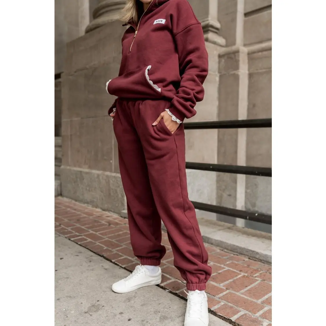 Women's Maroon Cotton Everyday Jogger Pant - Fleece-Lined, Medium-Stretch, Lace-Accent Pocket Trousers for Comfort-Focused Sports & Outdoor Use