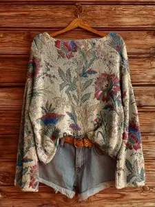 Women's Floral Print Top, Elegant Loose-Fit Crew Neck Sweater, Breathable and, Perfect for Spring & Fall Outdoors