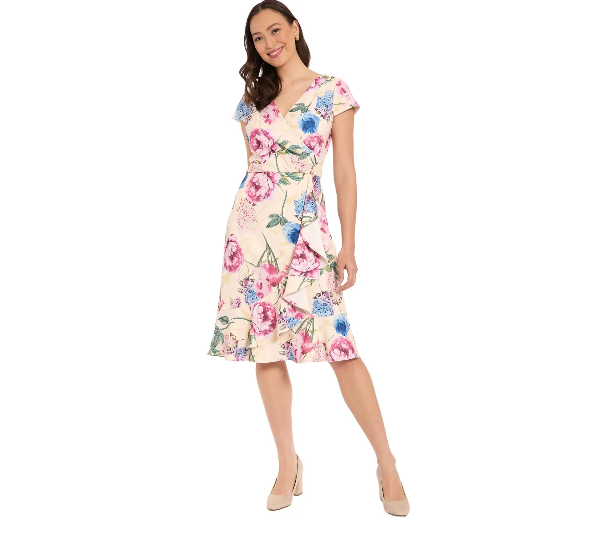 LONDON TIMES Cap Sleeve Flounce Hem Ruffle Wrap Dress