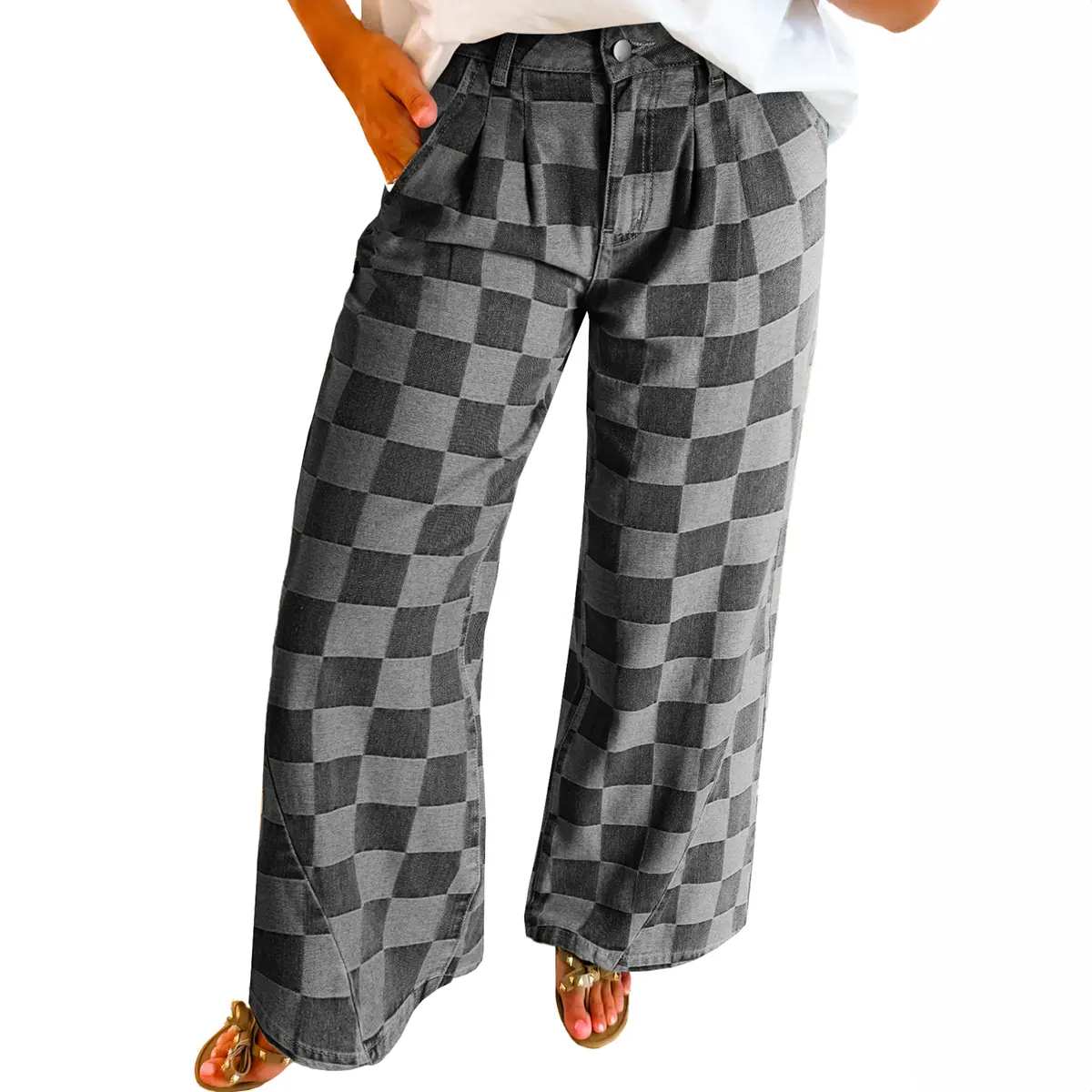 Znacicc Women's Plaid Baggy Wide Leg Pants High Waisted Straight Leg Denim Pants Casual Style with Chessboard Pattern- Comfort